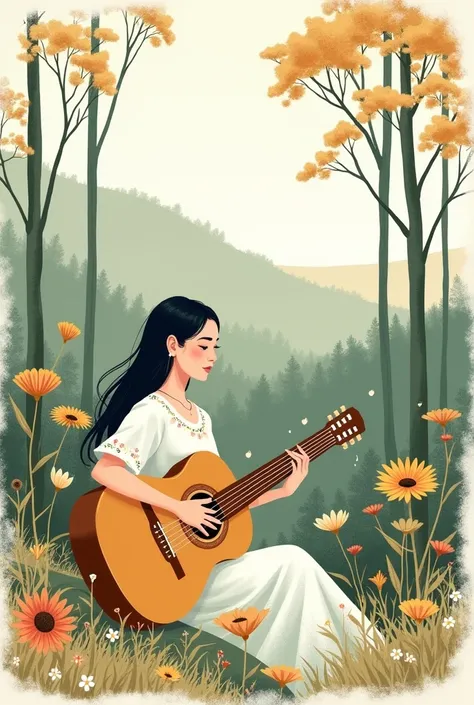 A woman playing guitar in the landscape should be like a drawing 