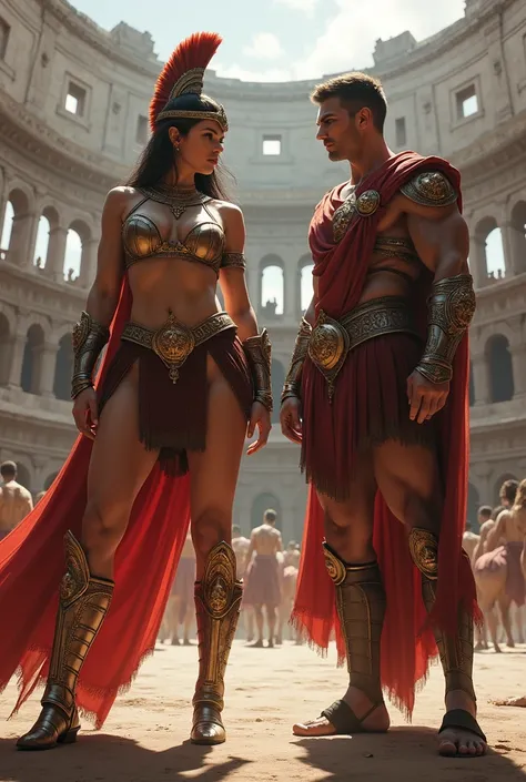 A big breast female gladiator standing with a male gladiator 