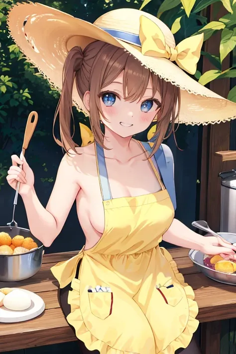 (((Wear only a yellow apron，No shirt，Side Breast，Side Breast漏))), Pink, No. 14,bride, Fried Eggs, cooking, Heart, Top view, Love,  Smile,  ,((Side Breast)), Big breasts, masterpiece,  top quality,  high resolution , ro1,   brown hair, Hair Bun,  blue eyes,...