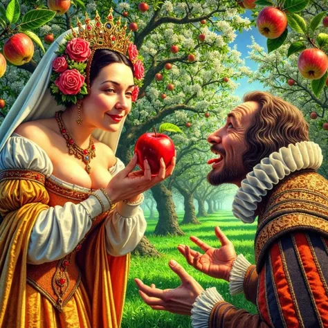 A satire surreal cinematic picture of a Mischievous Queen Grimhilde offers a red apple to a Frank Renaissance Scientist near the apple tree on Beautiful spring day, masterpiece professional hyper realistic illustration with Don Lawrence style