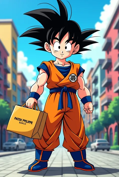 Goku cartoon carrying patek phillipe shopping bag