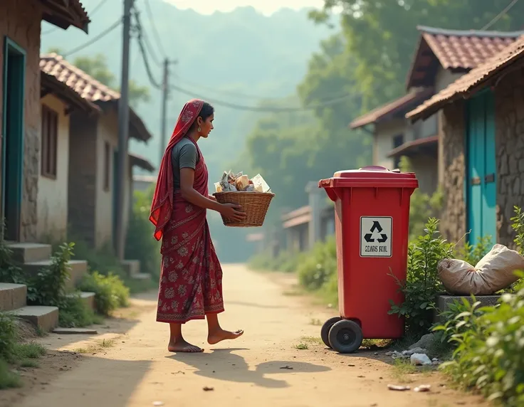 Nepali women getting out her house waste in a managed way (in a dustbin) from her house.