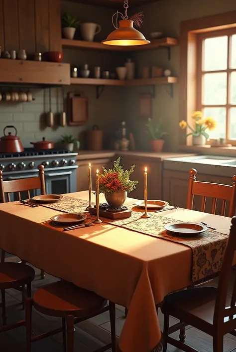 Une cuisine avec une table à manger avec une nappe western . Un four etc