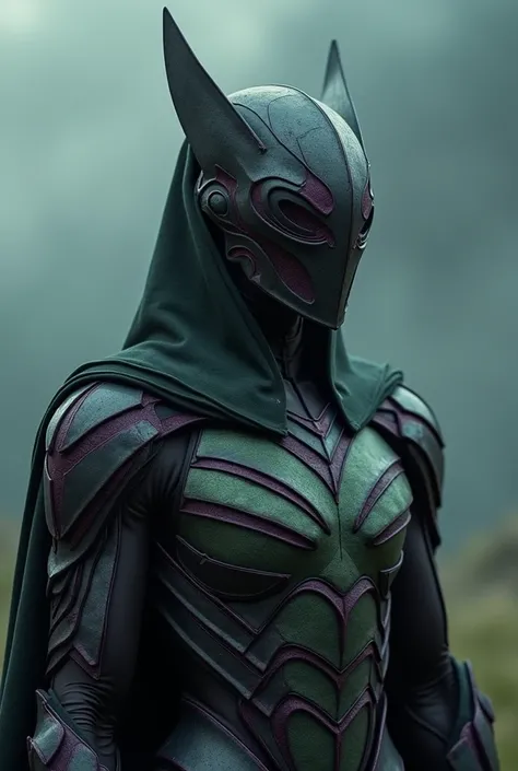 Closed up photography,the conqueror, cosmic high society creature, super intricate armor, the faceless head, secret project cosmic armor,cosmic skin armor, unusual triangle shape helmet, dark moody misty cloud background, dark purple, grey and green