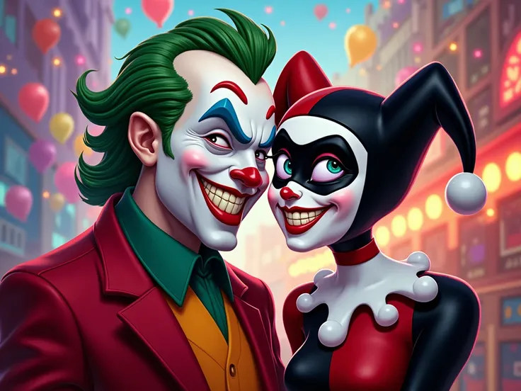 "Create a whimsical and vibrant painting in the style of a classic Walt Disney animated film, featuring Joaquin Phoenixs Joker and Harley Quinn as central characters. The Joker should be reimagined with exaggerated, cartoon-like features, such as a mischie...