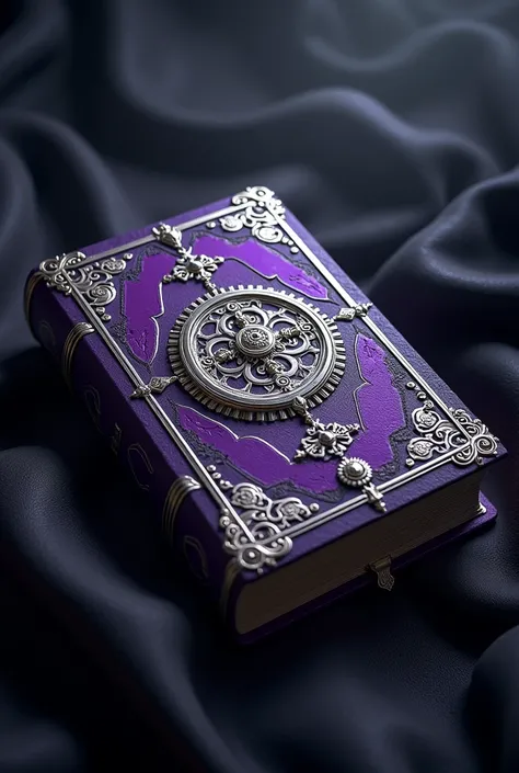 A fantastic book in purple and black shades in a steampunk and fantasy style with silver filaments. Sur un fond noir