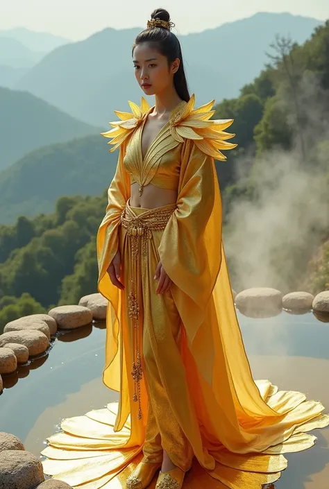 Full details, High definition, Realistic, 18-year-old Japanese Korean girl body wrapped in shiny gold lotus petal armor, with gold lotus petal belt, shiny gold lotus petal boots, standing on a gold lotus platform, on a high mountain, Japan, hot spring with...