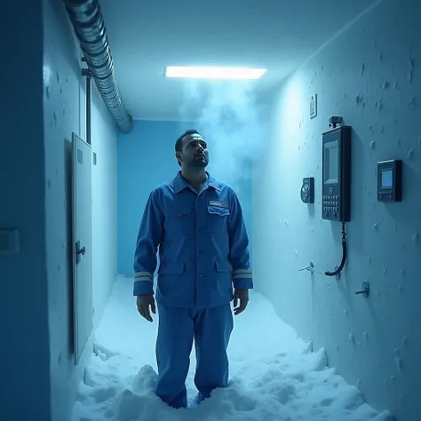 Image quality: Realistic 4k ultra HD quality image

Raju: 28-year-old Raju is a hardworking labourer with wheatish complexion. He is wearing a simple blue uniform. He is standing shivering and screaming inside the freezer room.

Location: Inside the freeze...