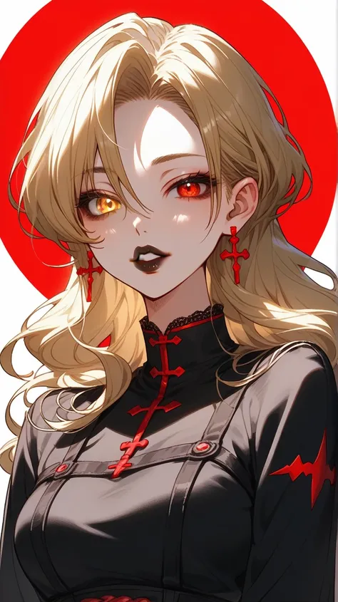 Heterochromia:   red right retina ,   yellow left retina  .  Red eye , left eye yellow  , Heterochromia,   right eye a red  , left eye yellow   ,   blonde , Japanese anime  ,   long blond hair lies on his shoulders , black lace , makeup ,   mature woman  ,...