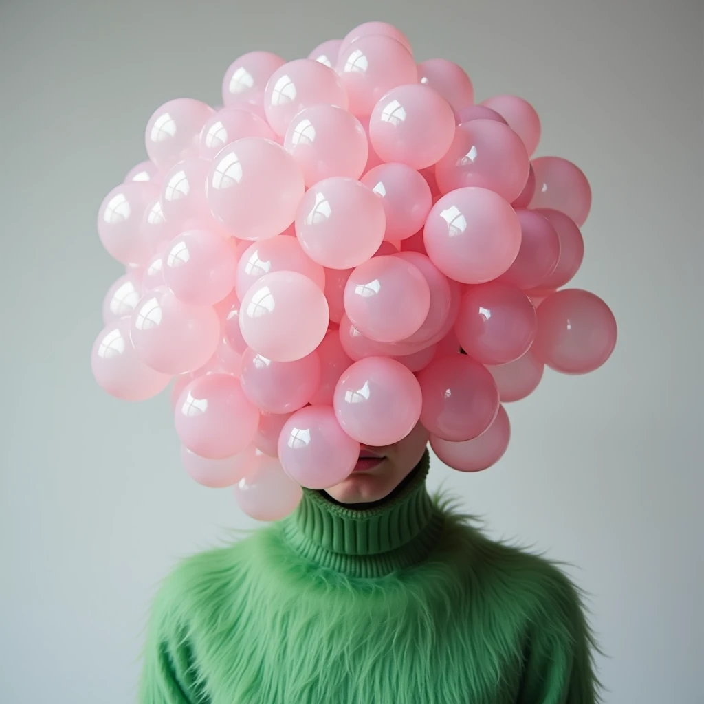 A pink, white long cristall transparent flower sphere shaped hat slantedly stacked and mingled on top of each other to form an abstract figure, fully covered his face, The figure is wearing green transparent fur sweater underneath. The composition is symme...