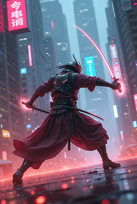 In a luminously chaotic cyberpunk world, a technologically-enhanced cyborg samurai battles a sentient AI virus threatening to engulf the virtual realm. This dazzling scene is depicted in a hyper-realistic digital painting, showcasing the intricate fusion o...