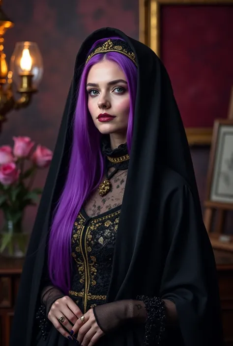 Purple hair beautiul happy slavic woman as a Gothic Nun Fashion Designer, showcasing their elaborate creations in a dark and elegant atelier. Stylish contemporary gothic style, using deep gold and ornate violet fashion photography, ambient lighting, cinema...