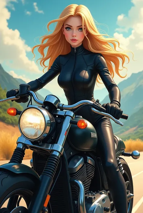 European golden-haired woman riding a motorcycle, masterpiece, anime 