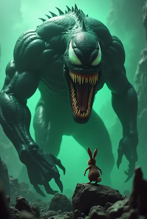  Fantasy 3D scene featuring a monstrous monster inspired by Venom ,  with his big mouth open as if he wanted to eat a small, innocent little rabbit puppy.  The background is dark and creepy ,  with glowing green mist , sharp stones ,  and gripping atmosphe...