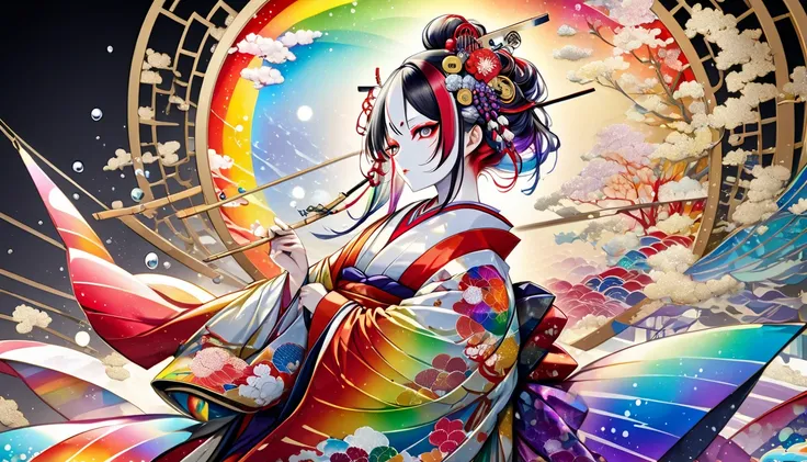  kabuki,  kabuki make-up, Ukiyo-e, Japanese painting, Woodblock print, Attractive and provocative look,  wearing an open, rainbow-colored, colorful Japanese kimono ,  The background is iridescent stained glass drawn with a fusion of oil painting and water ...