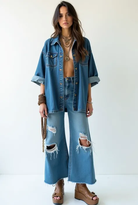  a upcycle oversize denim outfit and chunky shoes and many jewellery and white background
without figure