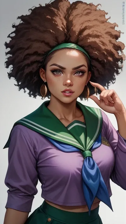 arrogant female Paint Silkie Chicken(animal face,reddish-brown hair, Afro hair, the hair has a somewhat tousled look, purple outfit with lacy ruffles, dark green printed outfit). wearing a sailor uniform、gracefully stretches her hand to the rosebud. by Lau...