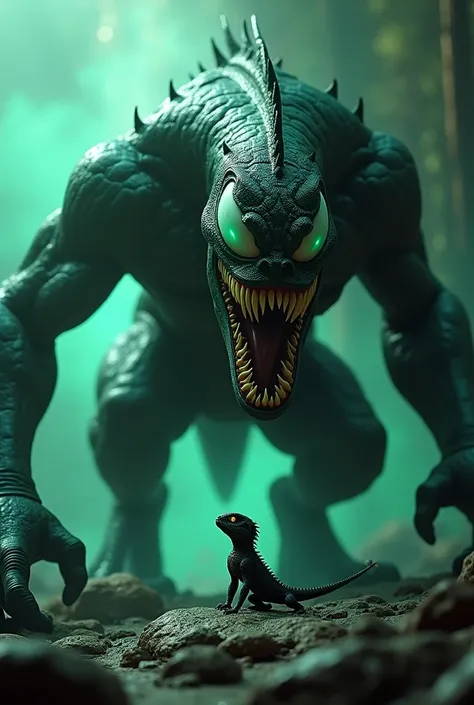  Fantasy 3D scene featuring a monstrous monster inspired by Venom ,  with its big mouth open as if it wants to eat a small, innocent iguana cub.  The background is dark and creepy ,  with glowing green mist , sharp stones ,  and gripping atmosphere . The i...