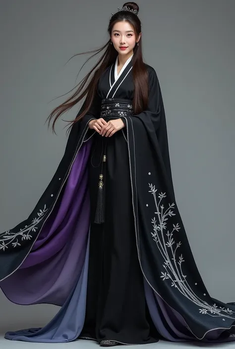 Ancient China,  woman . 35 years old. Chinese.  full length ,  brown hair, purple eyes ,  long hair,  loose hair.  Dressed in traditional Chinese clothes .  The girl is dressed in black Hanfu with silver accents. Hanfu is wearing a black cape , which turns...