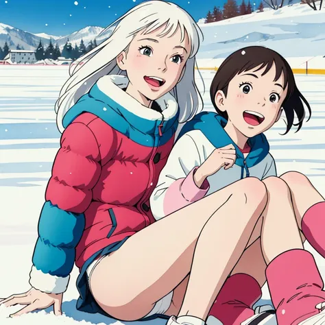 ( super flat ,  flat shading,  Flat Color ), ( close-up), Mother and daughter,  down jacket, ( white panties),  no skirt ,  long hair, ice skating, smile,  laughs, fun, play, winter, snow,  bright , Wide angle,  bright colors , watercolor,  Ghibli style， g...