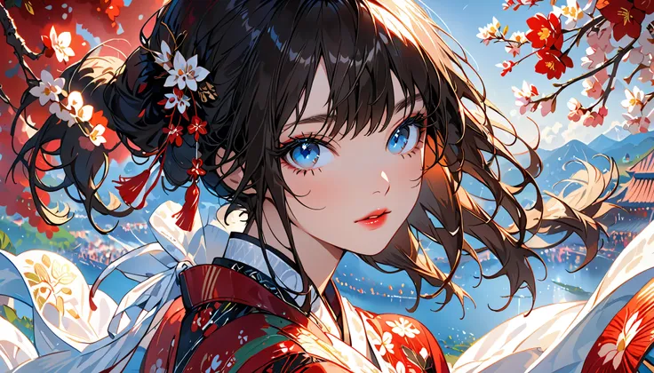 The background is a festival .,( top quality ,Details a lot, high res:1.2), beautiful girls, blue eyes, straight brown-black hair,Brown bangs,a lot_ has long eyelashes, lips, cool , My skin, shiny hair, Exquisite Makeup , look back , Long Distance View