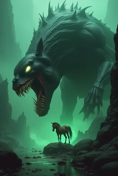  Fantasy 3D scene featuring a monstrous monster inspired by Venom ,  with its big mouth open as if it wants to eat a small, innocent foal.  The background is dark and creepy ,  with glowing green mist , sharp stones ,  and gripping atmosphere . The foal st...