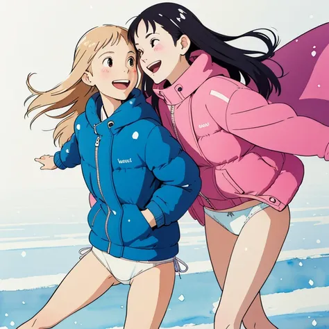 ( super flat ,  flat shading,  Flat Color ), ( close-up), Mother and daughter,  down jacket, ( white panties),  no skirt ,  long hair, ice skating, smile,  laughs, fun, play, winter, snow,  bright , Wide angle,  bright colors , watercolor,  Ghibli style， g...