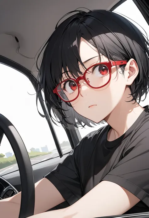   close your mouth、 Poor eyesight 、   、  Black hair short cut 、   red glasses、   plain black t-shirt without logo、Im driving a car   、Inside the car、Get behind the wheel of a car、BIG 45 、   side angle 、   denim shorts、 Poor eyesight 