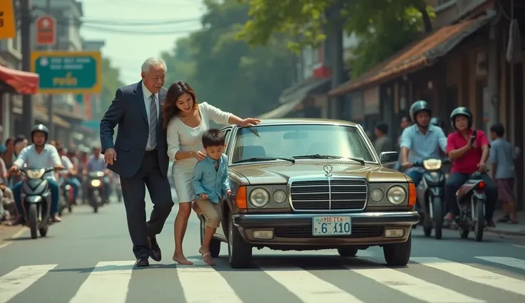  Vietnamese street scene depicting a heroic moment. The central figure is a young Vietnamese woman wearing a simple dress, urgently pulling a young boy to safety on a crosswalk, while an elderly millionaire in a formal suit looks shocked and emotional, rea...