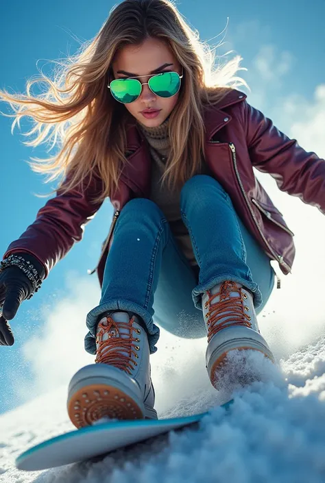 close-up, gloss, bright colors, stylish beautiful girl, mirrored glasses, glitter, tight, luminous, female body aesthetic, overlay effect, spiked boots, leather jacket, riding a snowboard down a mountain towards the viewer, view from below, hyperrealism, d...