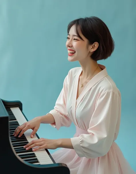 A photo of a happy sexy Korea girl joyfully playing a piano, isolated on a light blue background, Ray Tracing, Insane Details, High resolution, Professional Lighting, perfect shape, high detailed, high resolution, photography, sexy girl, Intricate 3D rende...