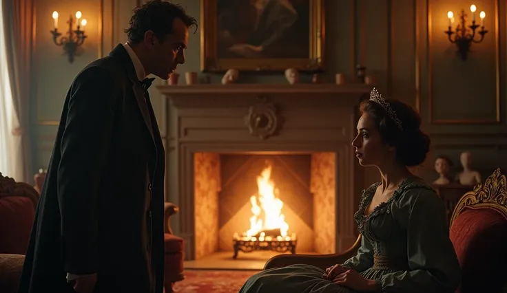 A tense scene in the manor’s sitting room as Holmes accuses Henry, Lady Elizabeth’s nephew.

Henry looks guilty but defensive, standing near the fireplace.

Lady Elizabeth looks shocked and hurt, seated nearby.
