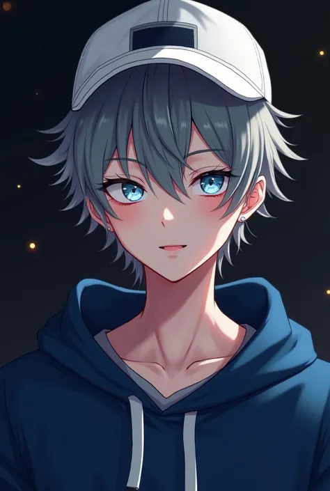 AI guy, Cutie, attracted eye, kissable lips, killer smile, gray hair, blue dark hoodie, white cap