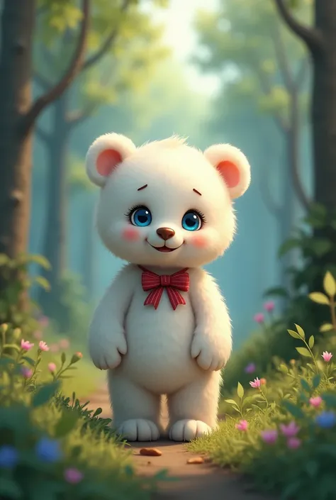 have a forest in the background. be a bear in the forest. let the bears eyes be blue and look like a real bear. And let the bear be small and sweet and smile and have a ribbon around its neck and the color of the bear should not be white