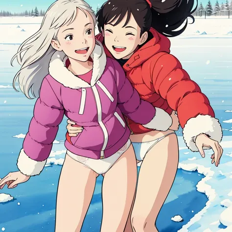 ( super flat ,  flat shading,  Flat Color ), ( close-up), Mother and daughter,  down jacket, ( white panties),  no skirt ,  long hair, ice skating, smile,  laughs, fun, play, winter, snow,  bright , Wide angle,  bright colors , watercolor,  Ghibli style， G...