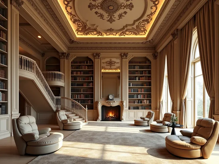 a luxurious and beautifully designed beige theme library with an intricate, ornate ceiling and grand architecture. The room is lined with bookshelves filled with books, creating a cozy and elegant atmosphere. A central staircase leads to an upper-level gal...