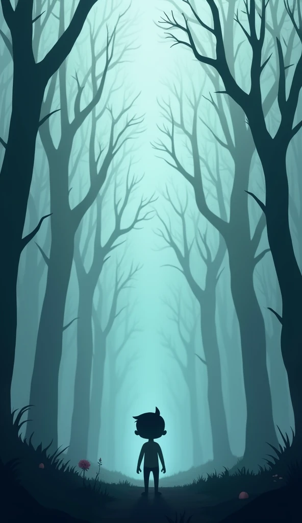 A cartoon-style person standing in a vast, foggy forest, surrounded by tall, leafless trees. The figure looks lost, their posture tense, as the fog obscures the distance.