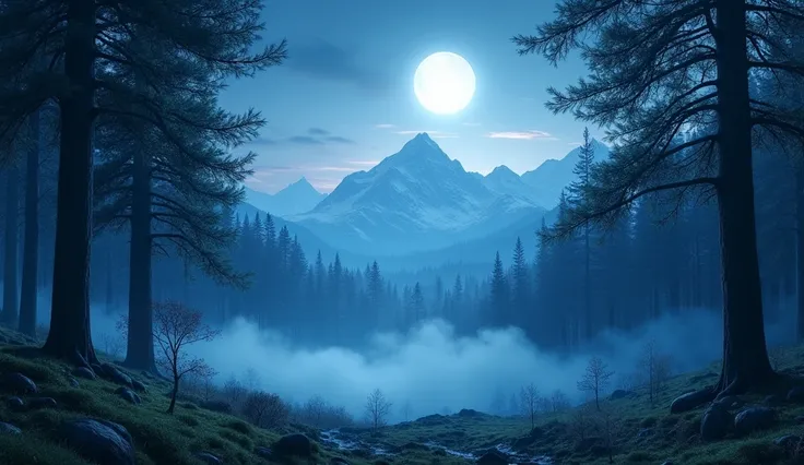  A forest landscape glowing at the foot of the lofty mountains .  Moonlight drifts through the leaves of the trees. There is a light layer of fog between the trees .  draw realistic in animation style .