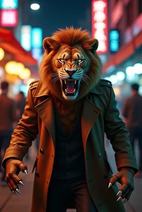 "A humanoid lion with detailed fur and glowing amber eyes, roaring defiantly in the middle of a crowded night market, wearing a tattered trench coat, neon signs reflecting on his sharp claws, hyperrealistic textures, dynamic lighting, vibrant colors, cinem...