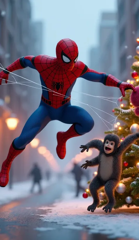 "Create a 3D image of Spider-Man shooting his web towards the monkey, aiming to grab the snowman hat. The web should be flying through the air with precision, and the monkey looks startled. The Christmas tree is in the foreground, with glowing ornaments an...