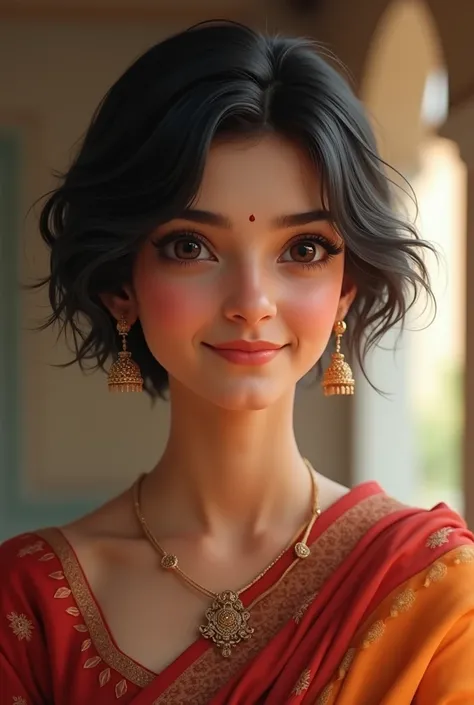 beautiful short hair girl wearing saree her teeth are bit messy