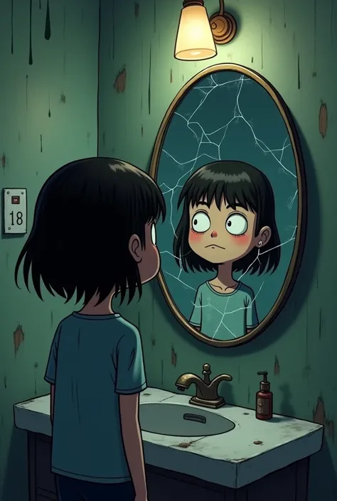 "A cartoon person staring into a cracked mirror in a dimly lit bathroom. The room is damp, with faint streaks of water running down the walls, and the reflection appears fragmented and distorted