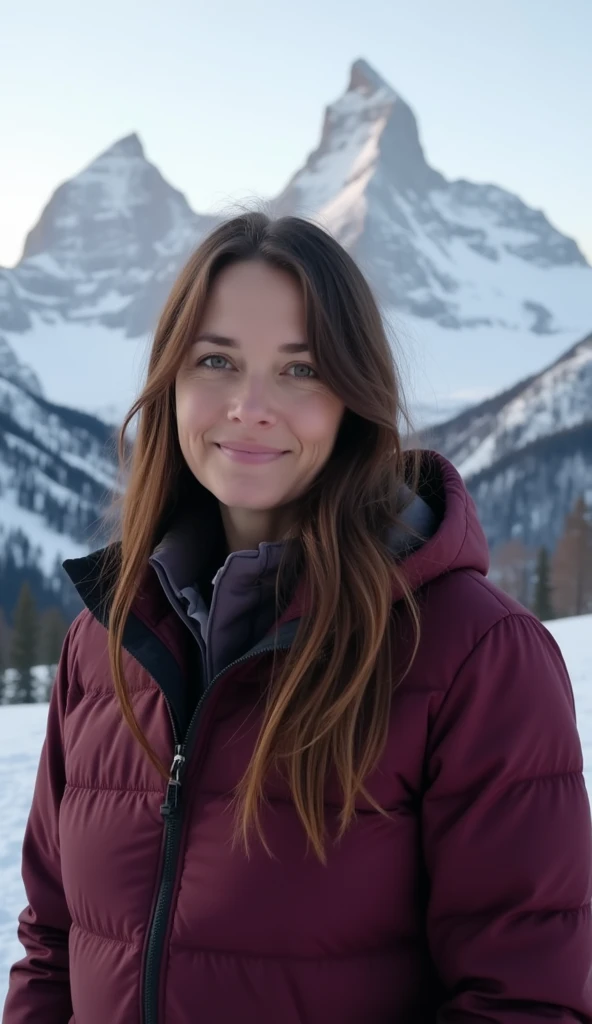 A 38-year-old woman with long straight hair, wearing a dark red jacket, standing in front of a snow-covered mountain landscape.