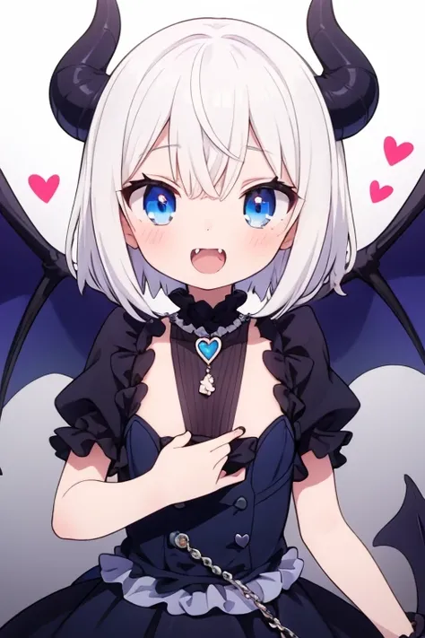 masterpiece,  top quality , 1girl,petites,Small chest,short hair,white hair, Sharp teeth,Fangs,necklace, Blue Eyes , heart shaped pupil,Devil&#39;s Horns, Blush,(outdoor,[asphalt floor,Traffic light , road sign ), looking at audience 