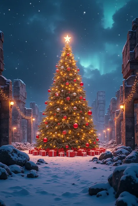 A grand and festive Christmas-themed background inspired by Avengers: Endgame. The scene features a massive Christmas tree glowing with golden lights and red ornaments, surrounded by snow-covered ruins of a battlefield. Strings of colorful lights drape acr...