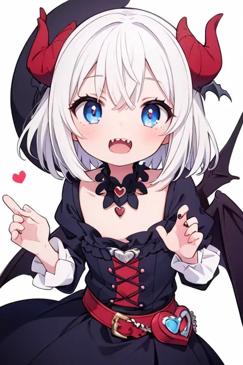 masterpiece,  top quality , 1girl,petites,Small chest,short hair,white hair, Sharp teeth,Fangs,necklace, Blue Eyes , heart shaped pupil,Devil&#39;s Horns, Blush,(outdoor,[asphalt floor,Traffic light , road sign ), looking at audience 