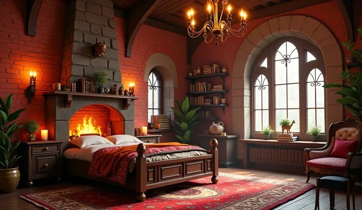 A cozy medieval-style ren’s bedroom with warm, fairy-tale charm. The room features a sturdy wooden bed with thick, colorful quilts and soft pillows, perfect for a peaceful night’s sleep. The walls are made of rustic red brick, giving the room an authentic,...