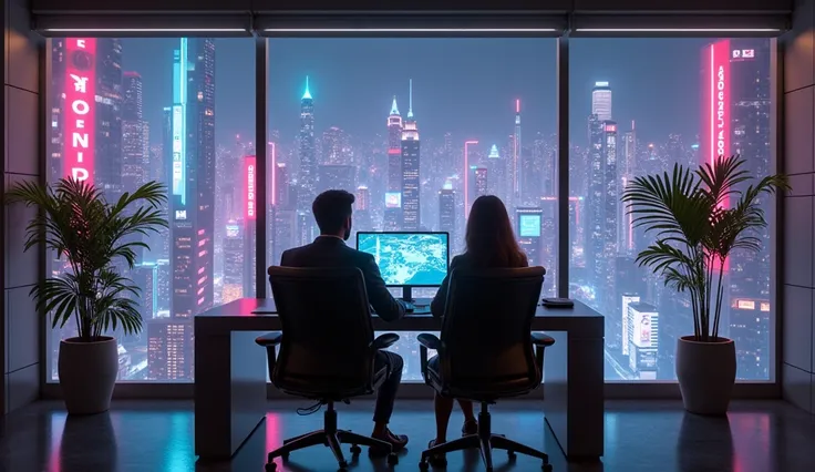 Realistic UHD cynerpunk couple sitting down in a futuristic office, brightly lighted, the background is overlooking a cyberpunk city at night