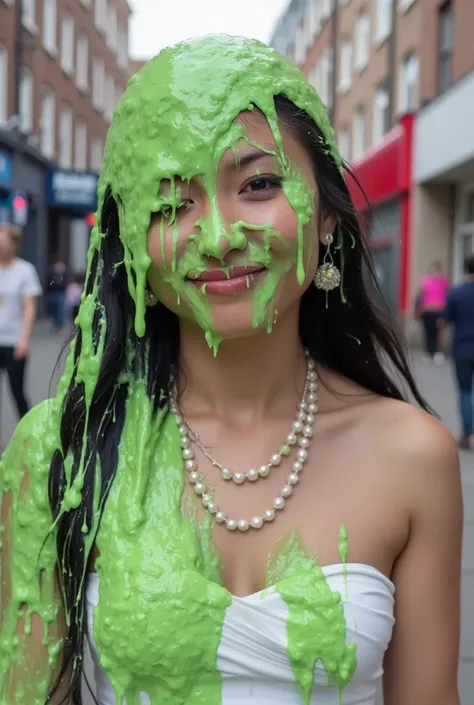 DSLR photograph. Chinese teen covered in green water. Photorealistic. Wet liquid. Nasty slime. Raw photo. Wearing strapless white dress. London streets. Daytime. Green Slime. Dripping green goo. 18 years old. (Chinese girl: 1.3). Wavy Black hair. Green wat...