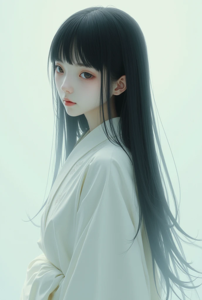 Sickly、 Japanese、 girl、 white yukata、 long black hair、ストレートヘア、Fleeting、ぱっつん, 